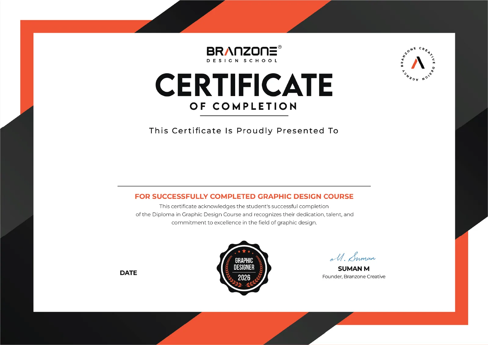 Branzone Design School certificate of completion - Diploma in Graphic Design